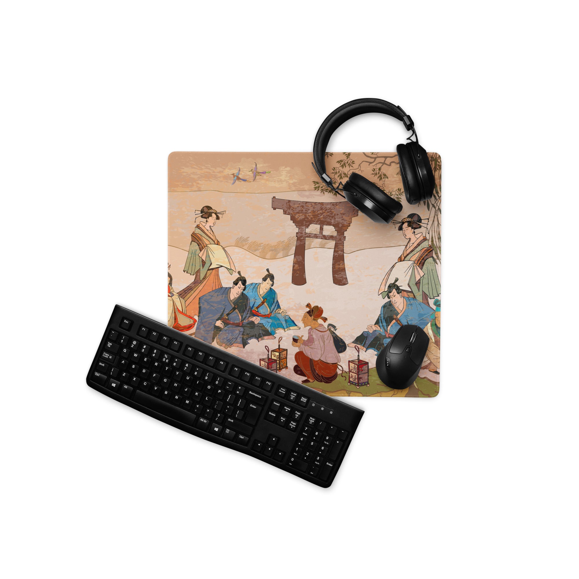 Ukiyoe Garden Desk Pad - Geisha Scene Peach Green Desk Gaming Ukiyoe Zen Mood Traditional Decor Woodblock Print