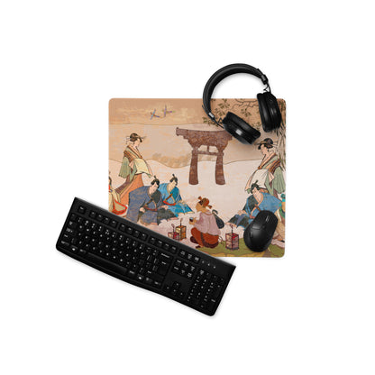 Ukiyoe Garden Desk Pad - Geisha Scene Peach Green Desk Gaming Ukiyoe Zen Mood Traditional Decor Woodblock Print