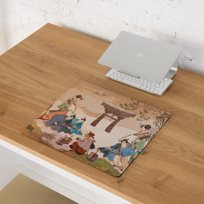 Ukiyoe Garden Desk Pad - Geisha Scene Peach Green Desk Gaming Ukiyoe Zen Mood Traditional Decor Woodblock Print