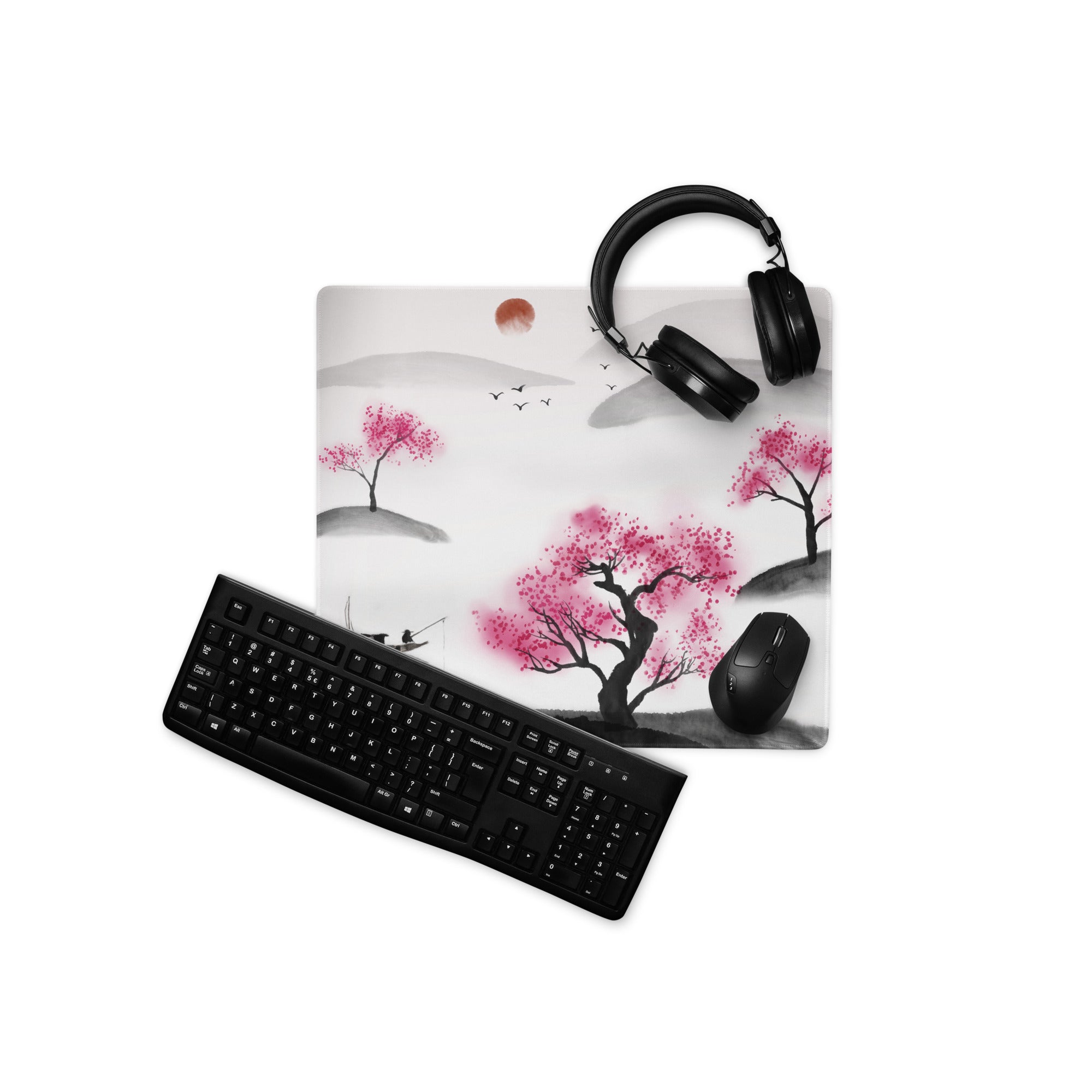 Cherry Blossom Sumi E Desk Pad - Cherry Blossom Pink Black White Desk Sumi E Watercolor Ink Wash Large Non Slip Edge Zen
