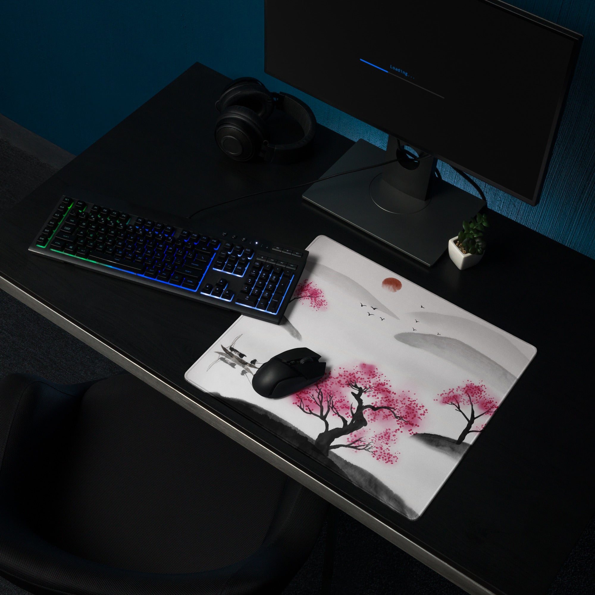 Cherry Blossom Sumi E Desk Pad - Cherry Blossom Pink Black White Desk Sumi E Watercolor Ink Wash Large Non Slip Edge Zen