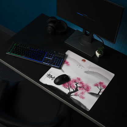 Cherry Blossom Sumi E Desk Pad - Cherry Blossom Pink Black White Desk Sumi E Watercolor Ink Wash Large Non Slip Edge Zen