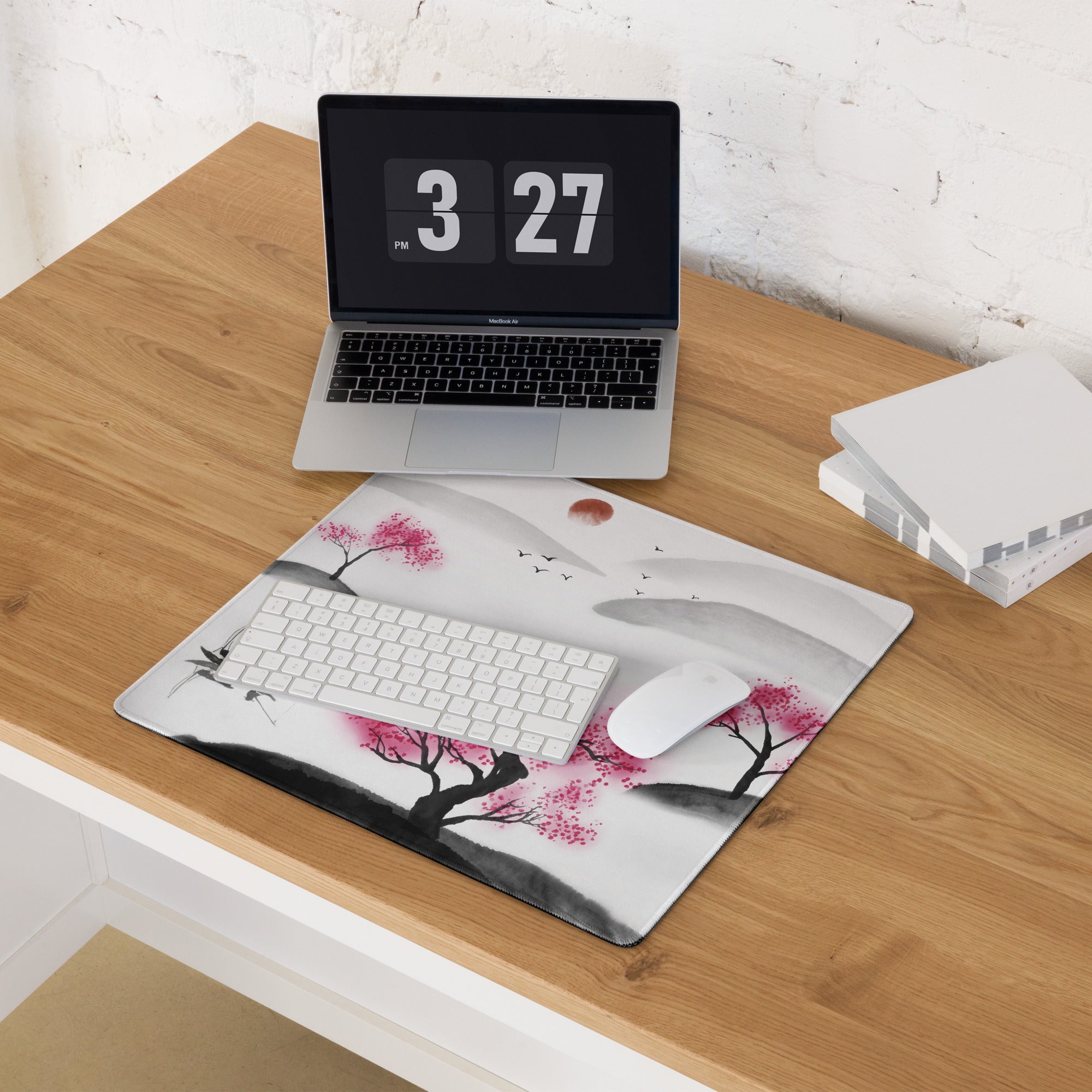Cherry Blossom Sumi E Desk Pad - Cherry Blossom Pink Black White Desk Sumi E Watercolor Ink Wash Large Non Slip Edge Zen