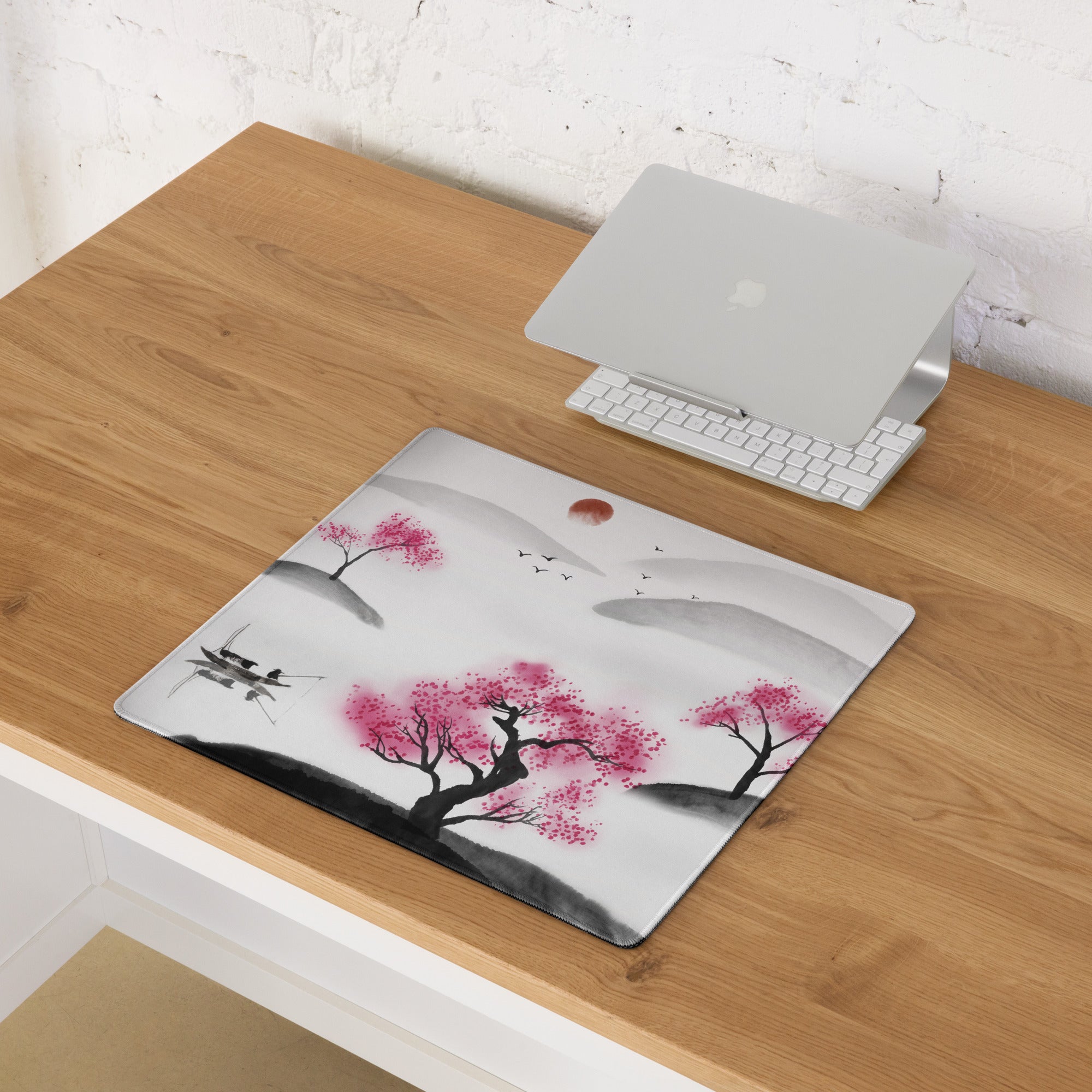 Cherry Blossom Sumi E Desk Pad - Cherry Blossom Pink Black White Desk Sumi E Watercolor Ink Wash Large Non Slip Edge Zen