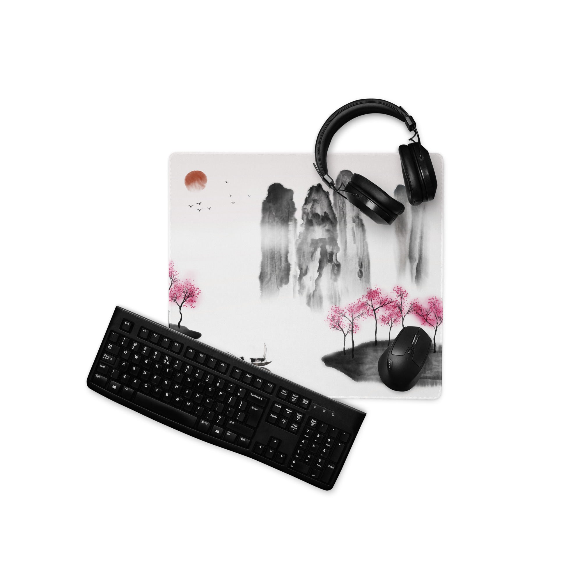Zen Ink Landscape Mouse Pad - Landscape Mouse Pad Black Pink White Sumi-e Calming Mood Minimal East Asian Decor