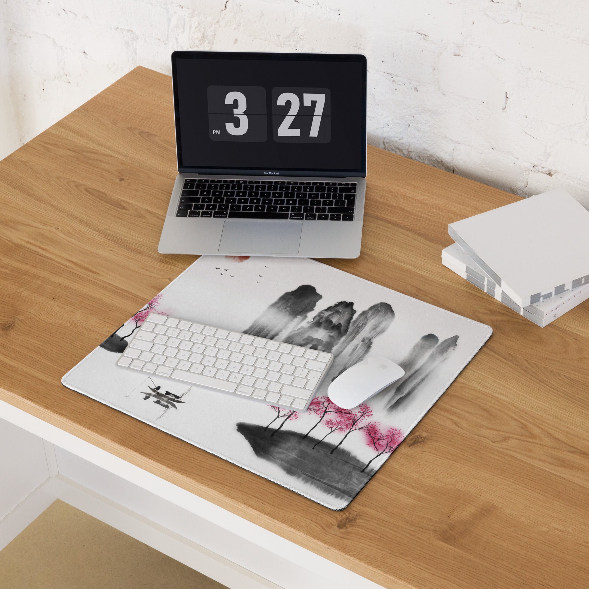 Zen Ink Landscape Mouse Pad - Landscape Mouse Pad Black Pink White Sumi-e Calming Mood Minimal East Asian Decor