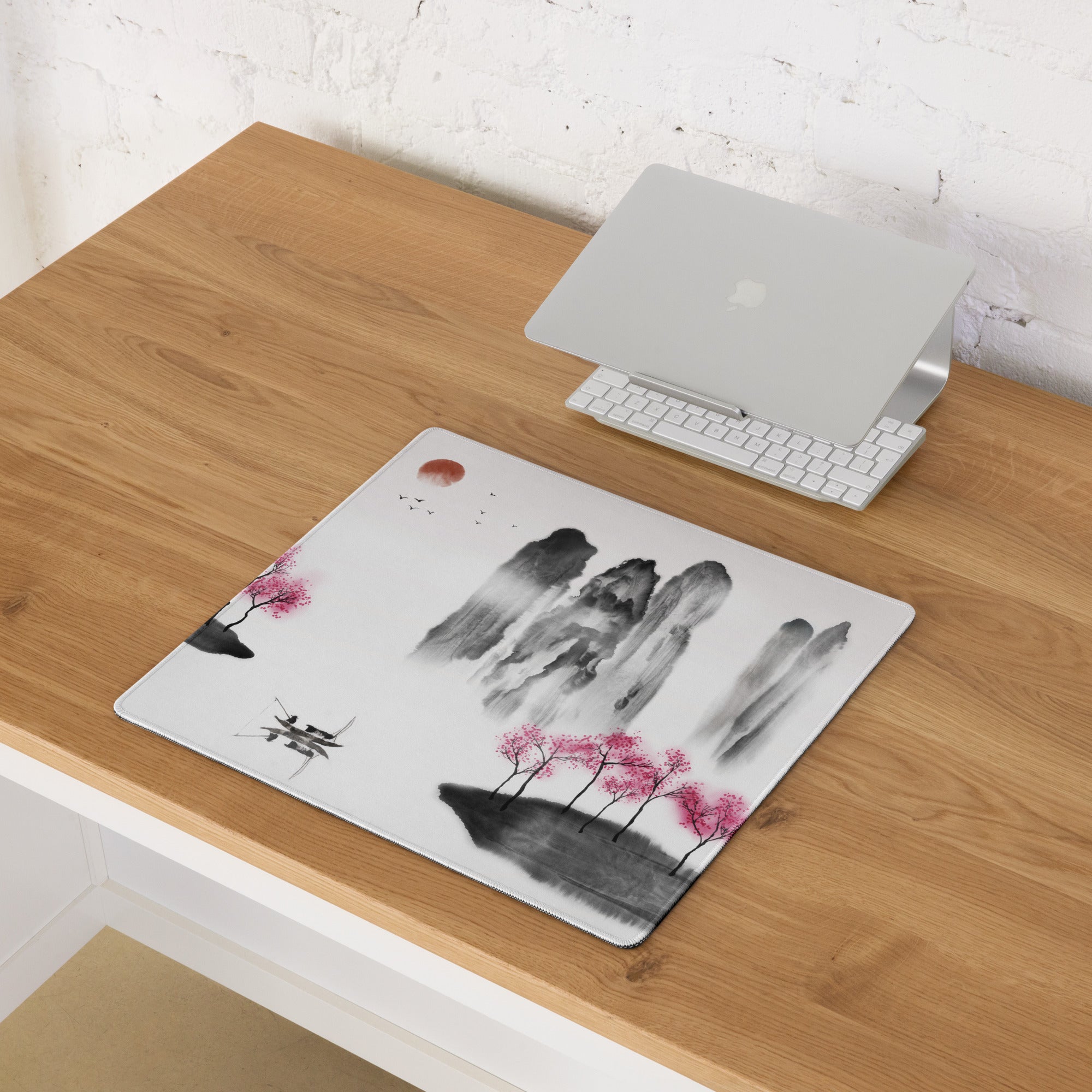 Zen Ink Landscape Mouse Pad - Landscape Mouse Pad Black Pink White Sumi-e Calming Mood Minimal East Asian Decor