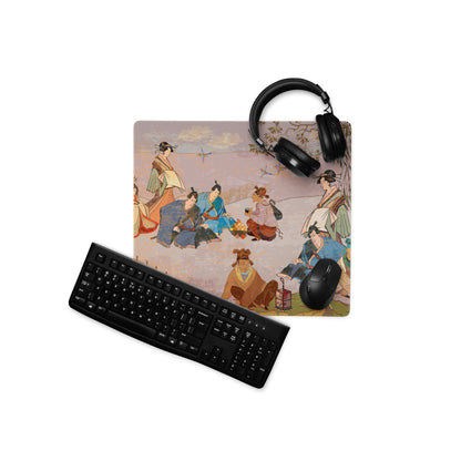 Ukiyo-e Geisha Garden Mouse Pad - Geisha Garden Pink Mauve Green Desk Ukiyo-e Calm Mood Ukiyo-e Japanese Printed