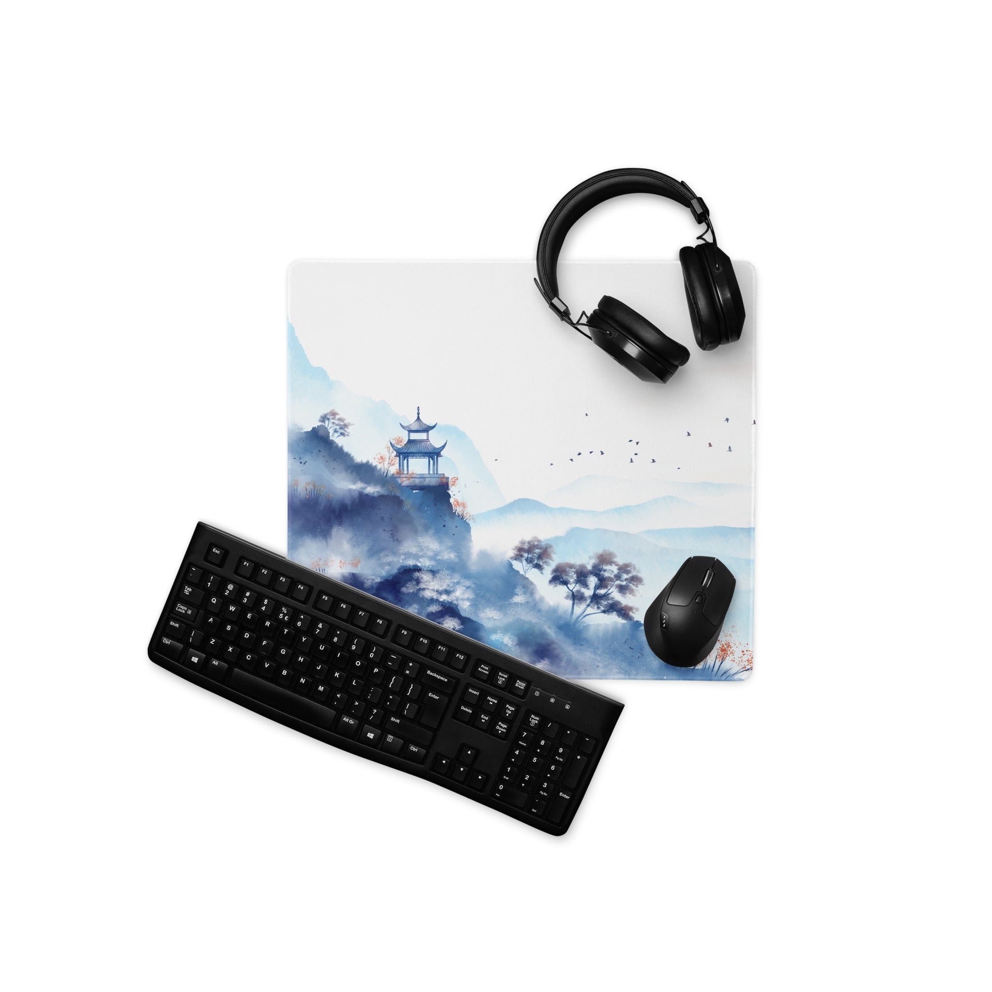 Blue Mountain Serenity Desk Pad - Mouse Pad Blue White Home Office Watercolor Landscape Calm Zen Minimalist Gaming Desk Mat Watercolor