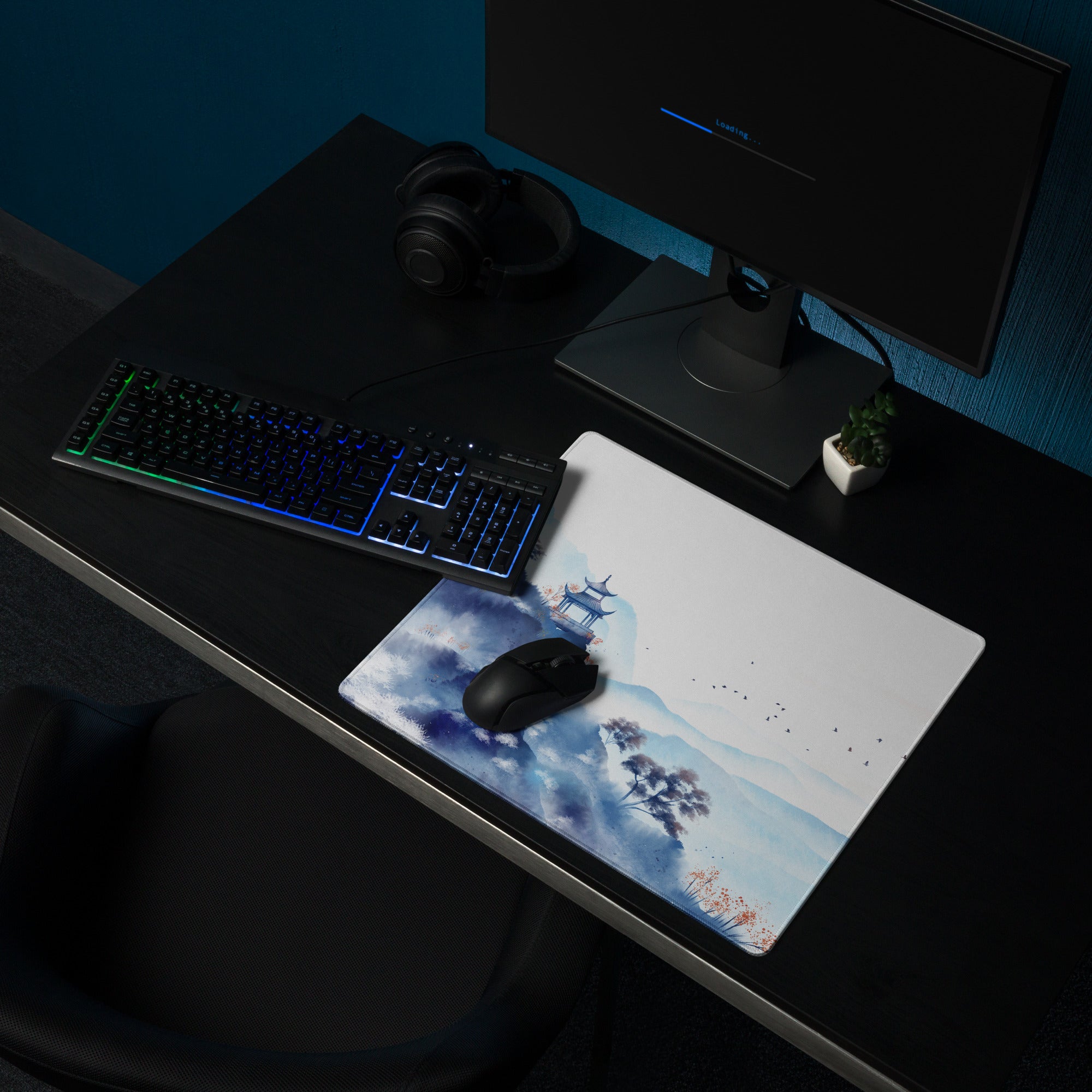 Blue Mountain Serenity Desk Pad - Mouse Pad Blue White Home Office Watercolor Landscape Calm Zen Minimalist Gaming Desk Mat Watercolor