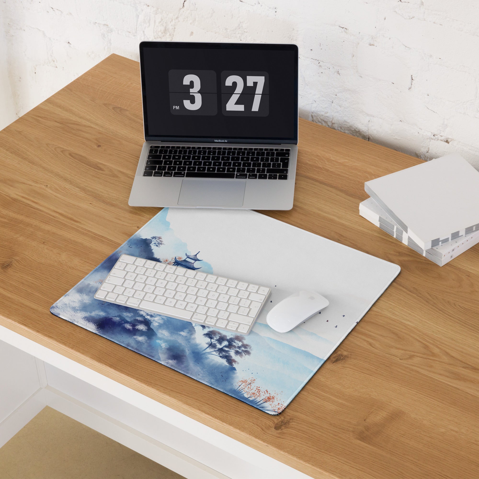 Blue Mountain Serenity Desk Pad - Mouse Pad Blue White Home Office Watercolor Landscape Calm Zen Minimalist Gaming Desk Mat Watercolor