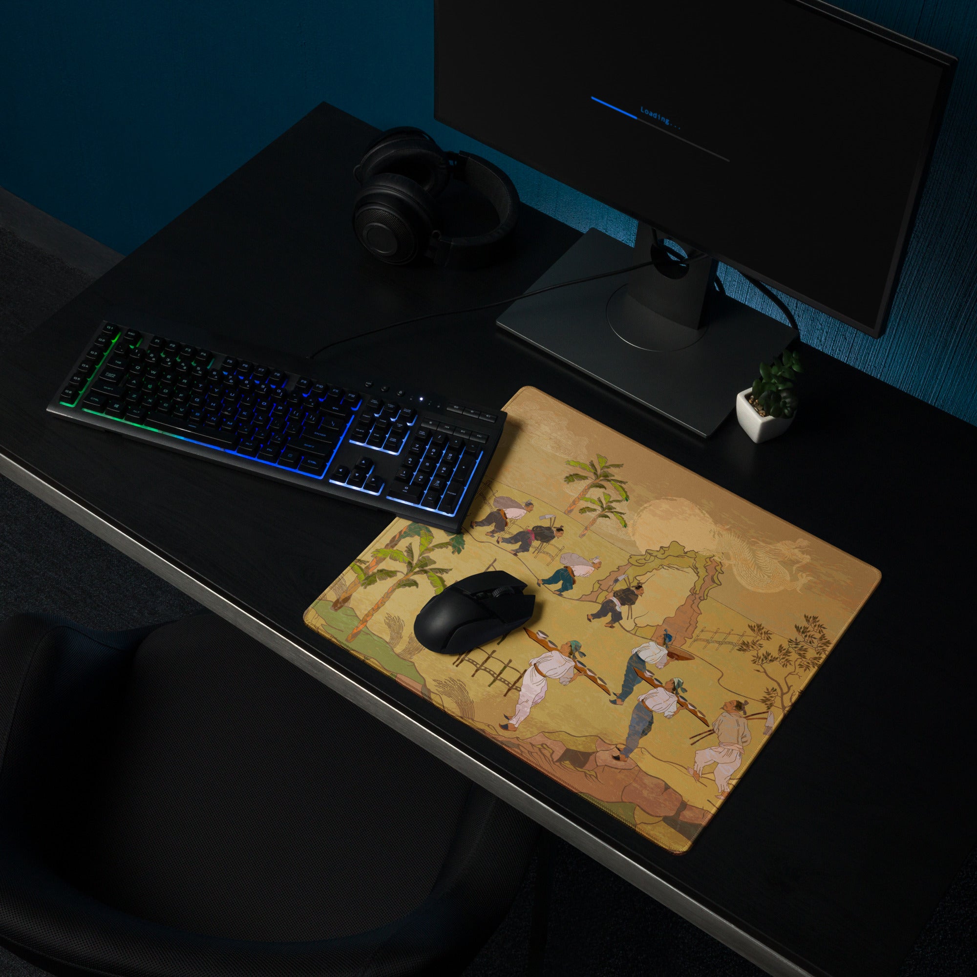 Golden Landscape Gaming Mouse Pad - Gaming Mouse Pad Gold Tan Desktop Setup Asian Landscape Calm Mood Desk Mat Ink