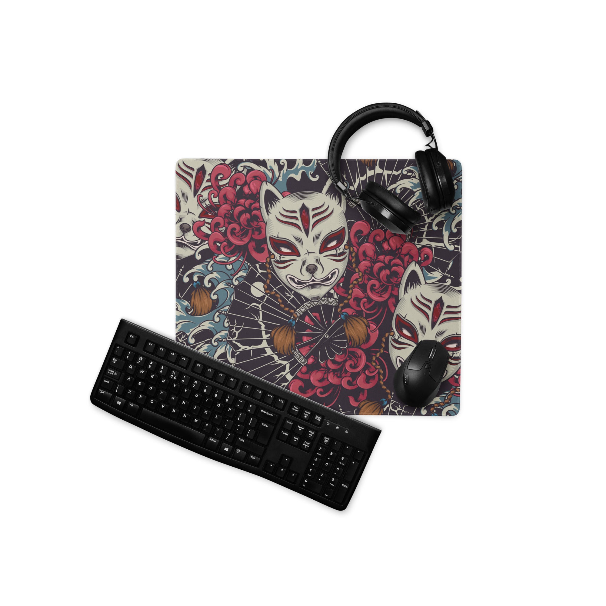 Mystic Kitsune Mask Art Mouse Pad - Kitsune Mask Art Red Black White Blue Gaming Desk Bold Mood Neon Accent Print