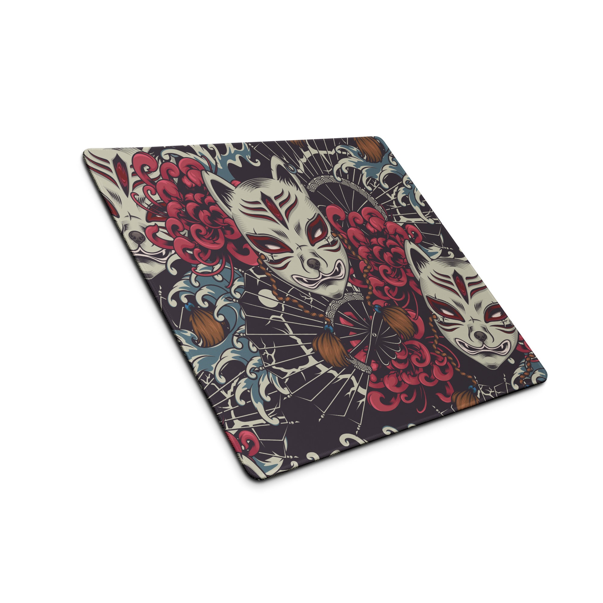 Mystic Kitsune Mask Art Mouse Pad - Kitsune Mask Art Red Black White Blue Gaming Desk Bold Mood Neon Accent Print