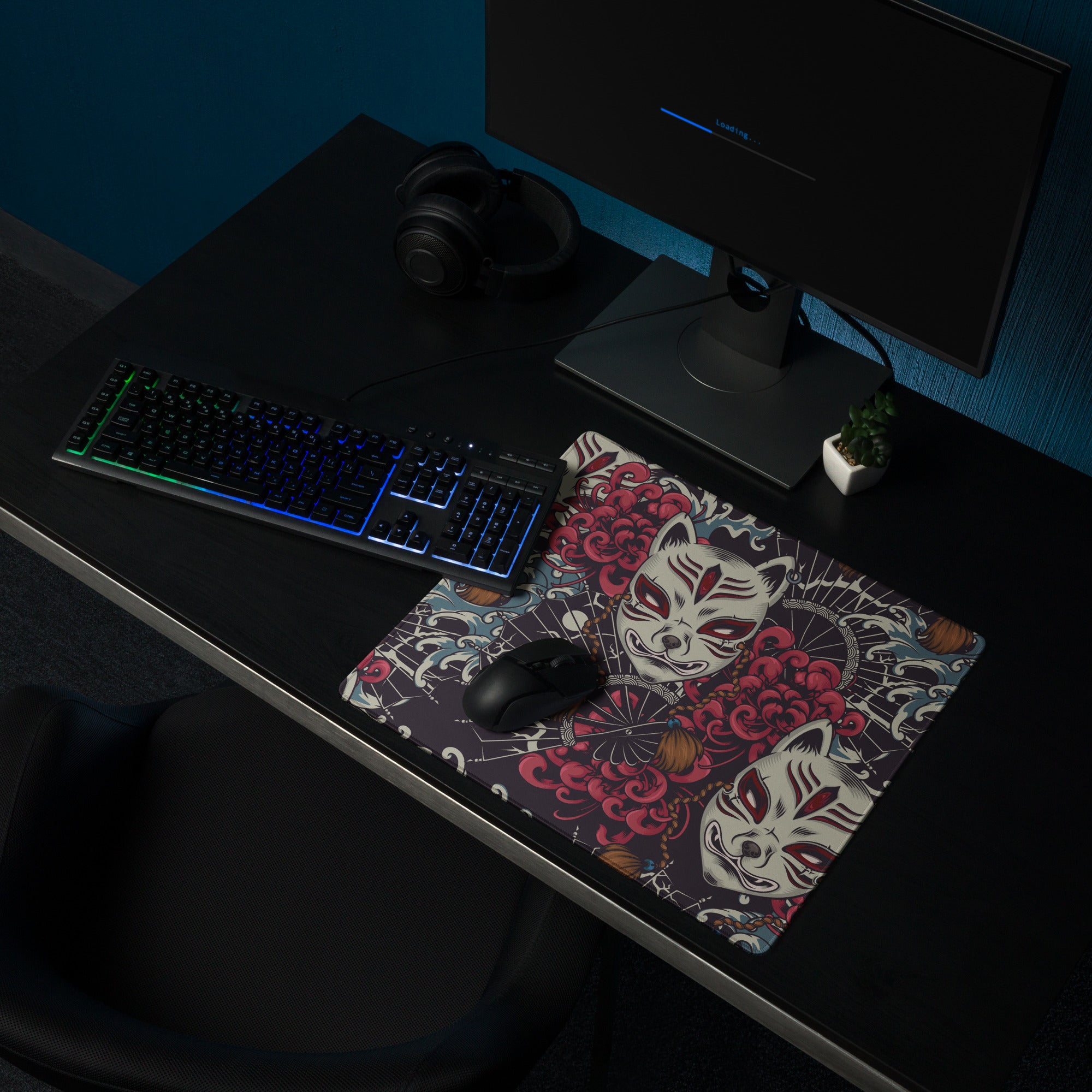 Mystic Kitsune Mask Art Mouse Pad - Kitsune Mask Art Red Black White Blue Gaming Desk Bold Mood Neon Accent Print