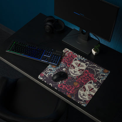 Mystic Kitsune Mask Art Mouse Pad - Kitsune Mask Art Red Black White Blue Gaming Desk Bold Mood Neon Accent Print