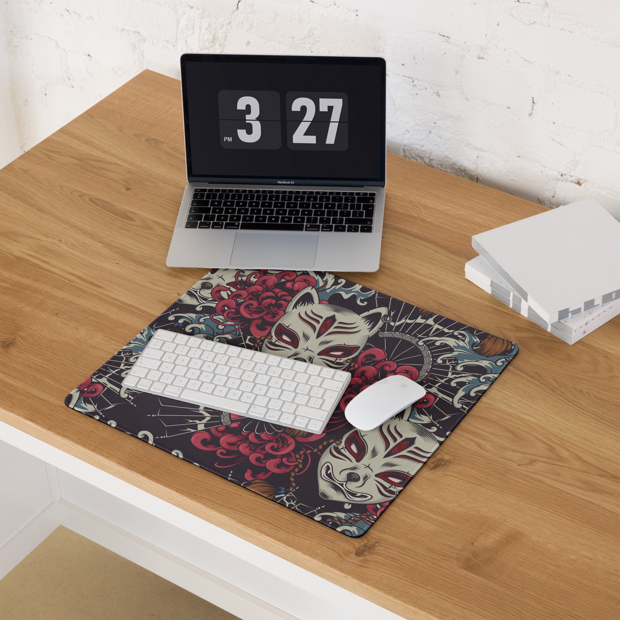 Mystic Kitsune Mask Art Mouse Pad - Kitsune Mask Art Red Black White Blue Gaming Desk Bold Mood Neon Accent Print