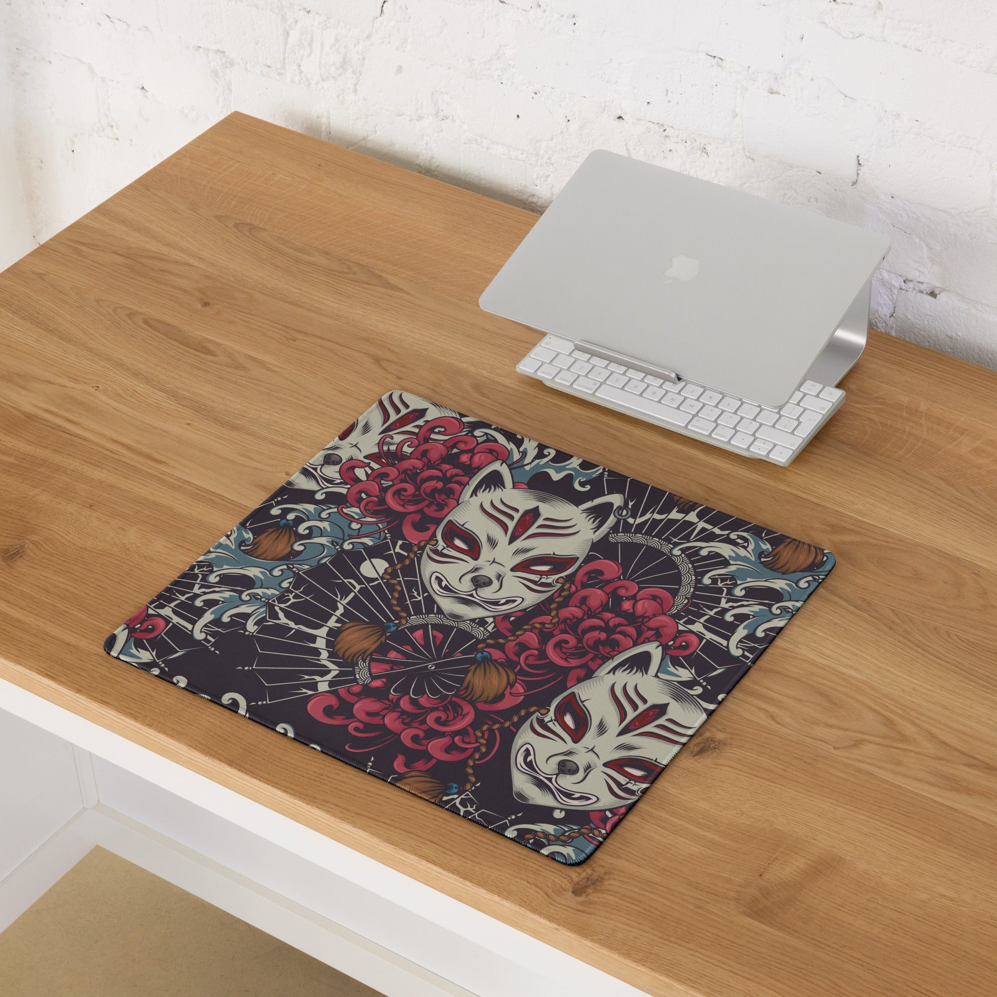 Mystic Kitsune Mask Art Mouse Pad - Kitsune Mask Art Red Black White Blue Gaming Desk Bold Mood Neon Accent Print