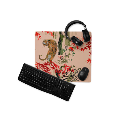 Jungle Tiger Forest Mouse Pad - Jungle Tiger Scene, Blush Pink, Red Leaves, Gaming Desk, Modern Illustration, Bold Mood