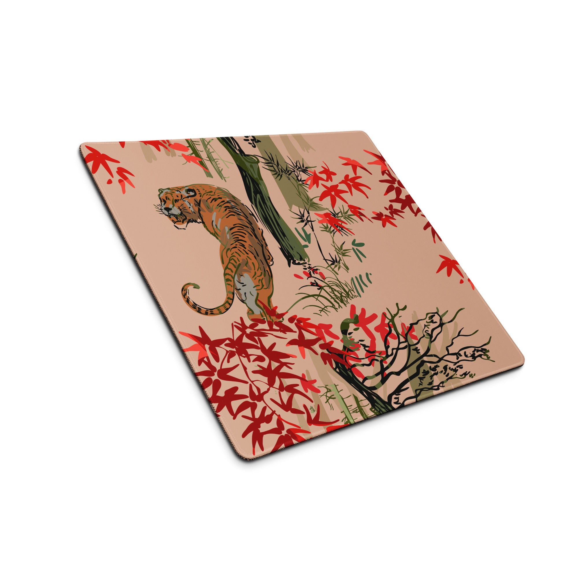 Jungle Tiger Forest Mouse Pad - Jungle Tiger Scene, Blush Pink, Red Leaves, Gaming Desk, Modern Illustration, Bold Mood