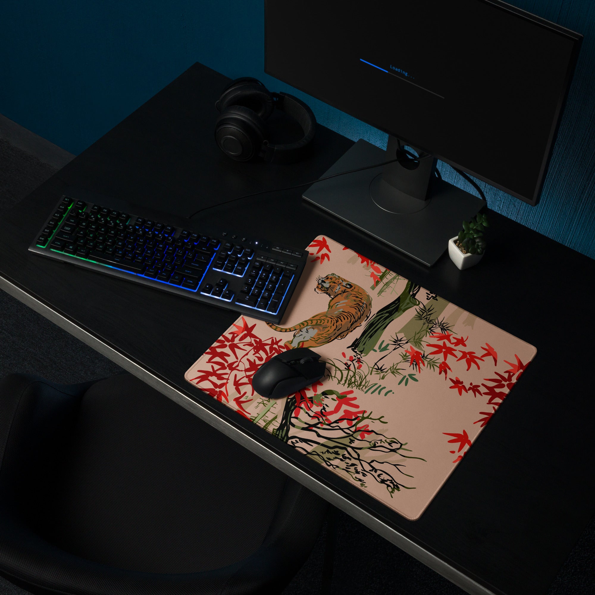 Jungle Tiger Forest Mouse Pad - Jungle Tiger Scene, Blush Pink, Red Leaves, Gaming Desk, Modern Illustration, Bold Mood