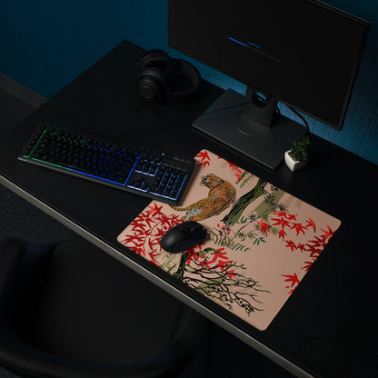 Jungle Tiger Forest Mouse Pad - Jungle Tiger Scene, Blush Pink, Red Leaves, Gaming Desk, Modern Illustration, Bold Mood