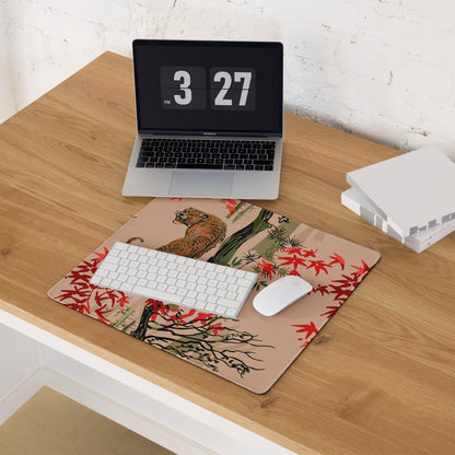 Jungle Tiger Forest Mouse Pad - Jungle Tiger Scene, Blush Pink, Red Leaves, Gaming Desk, Modern Illustration, Bold Mood