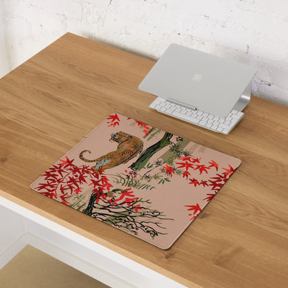 Jungle Tiger Forest Mouse Pad - Jungle Tiger Scene, Blush Pink, Red Leaves, Gaming Desk, Modern Illustration, Bold Mood