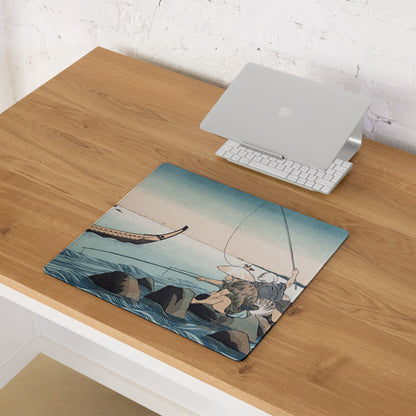 Ukiyoe Ocean Scene Mouse Pad - Mouse Pad Blue Teal Ocean Desk Ukiyoe Calm Mood Vintage Japanese Woodblock