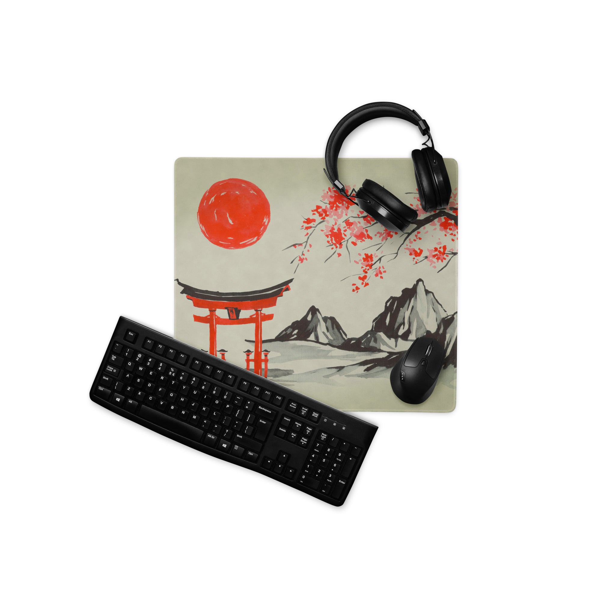 Blossom Red Pagoda Desk Mat - Japanese Pagoda Art Desk Mat Red Beige Traditional Calm Zen Gaming Setup Decor Ink Wash