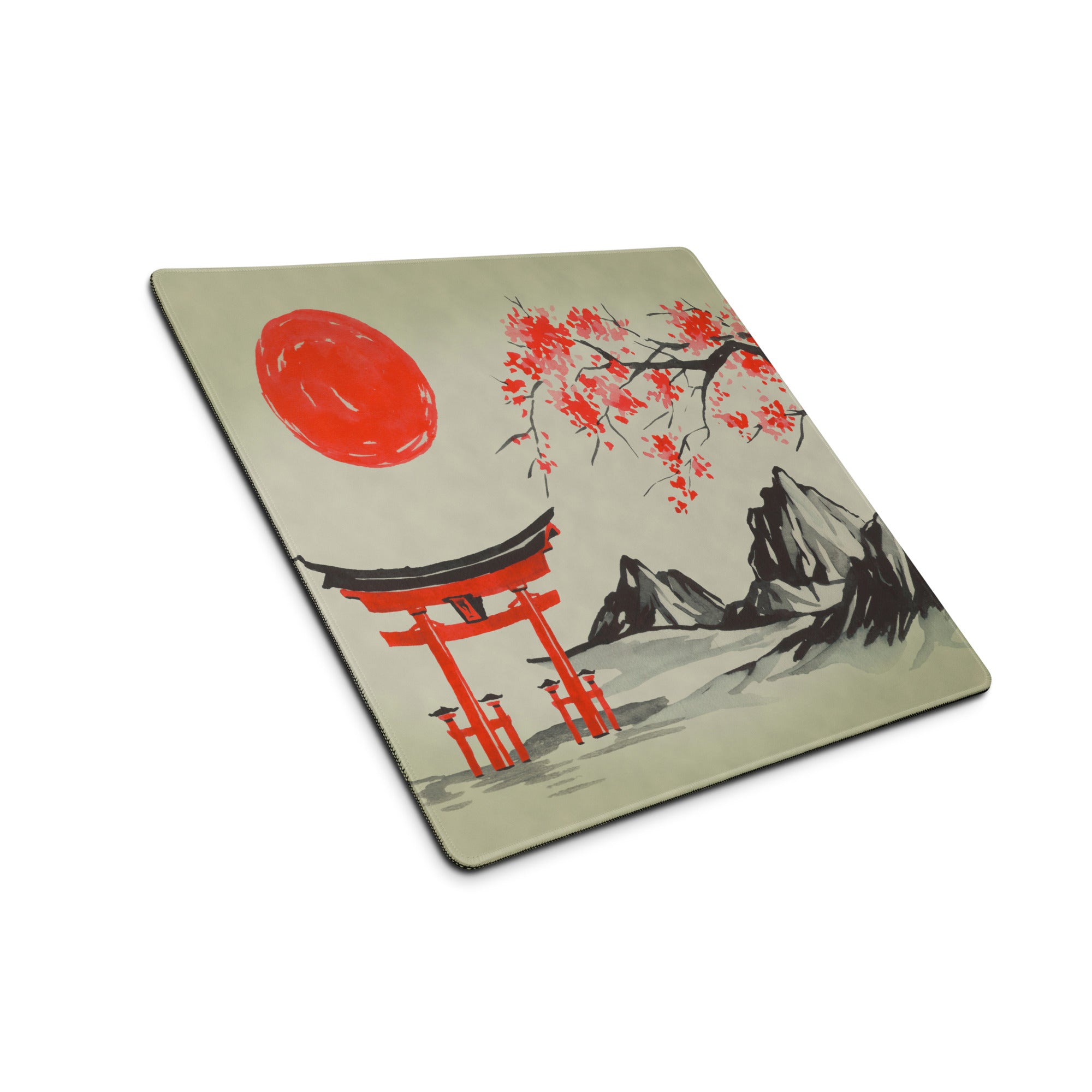 Blossom Red Pagoda Desk Mat - Japanese Pagoda Art Desk Mat Red Beige Traditional Calm Zen Gaming Setup Decor Ink Wash