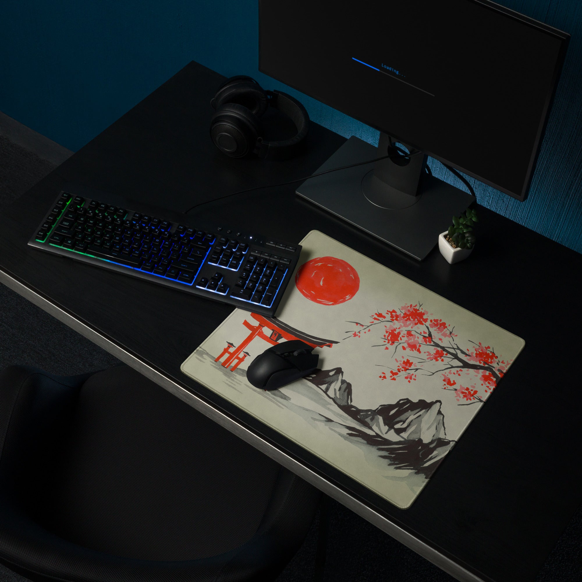 Blossom Red Pagoda Desk Mat - Japanese Pagoda Art Desk Mat Red Beige Traditional Calm Zen Gaming Setup Decor Ink Wash