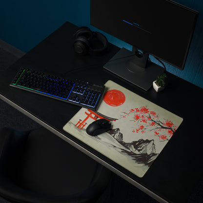 Blossom Red Pagoda Desk Mat - Japanese Pagoda Art Desk Mat Red Beige Traditional Calm Zen Gaming Setup Decor Ink Wash