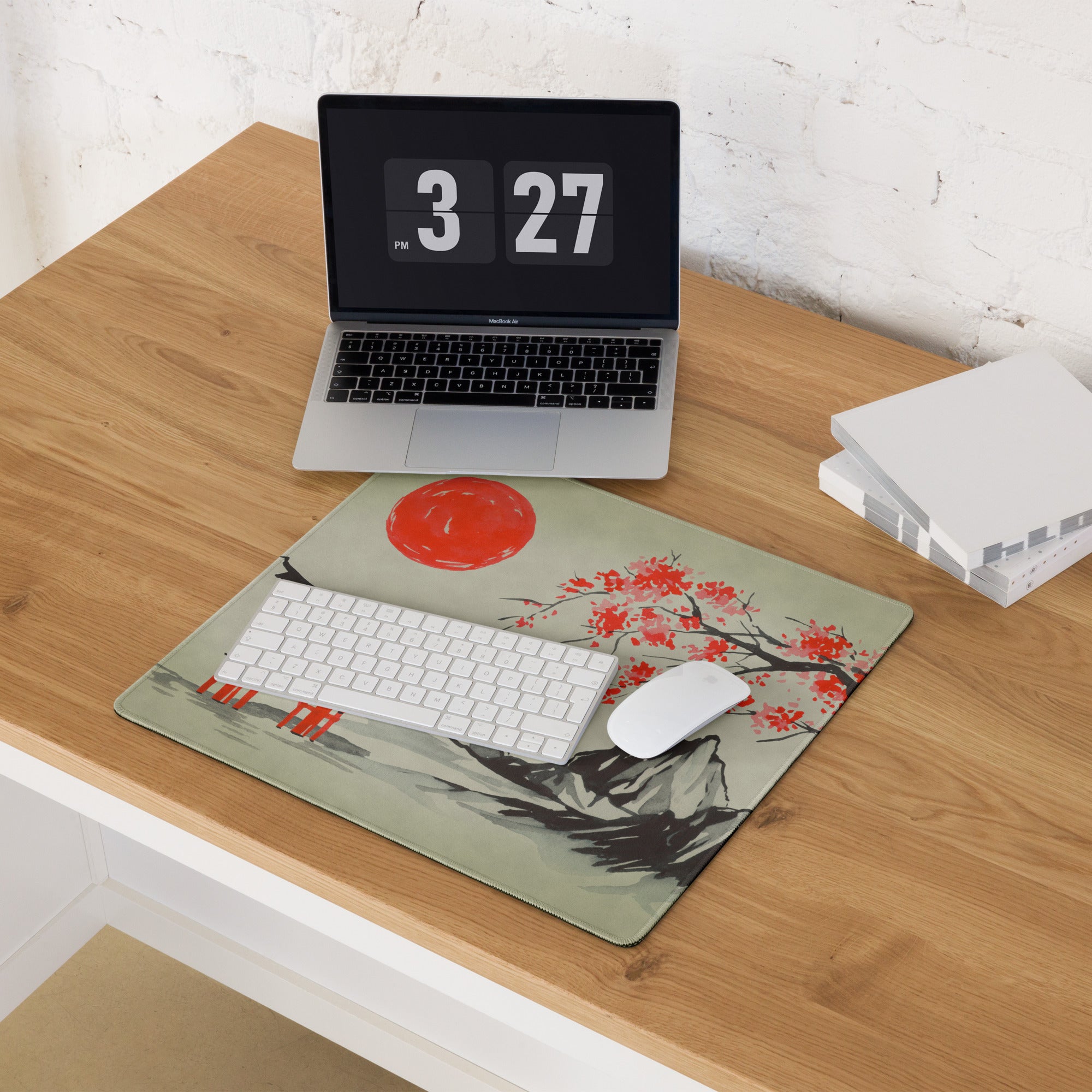 Blossom Red Pagoda Desk Mat - Japanese Pagoda Art Desk Mat Red Beige Traditional Calm Zen Gaming Setup Decor Ink Wash