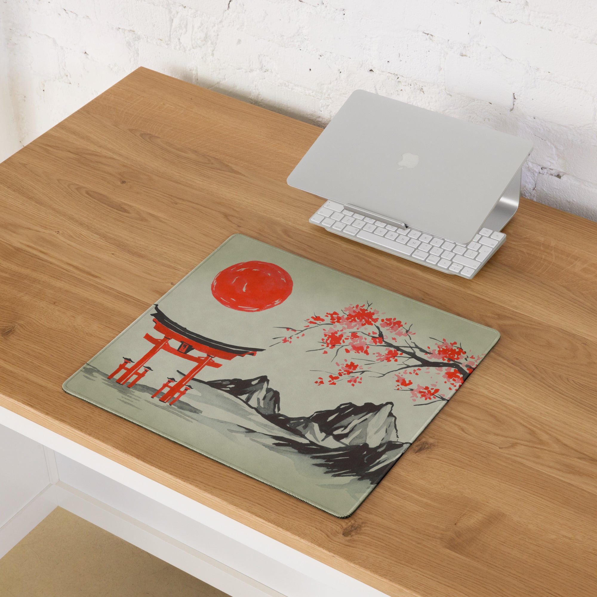 Blossom Red Pagoda Desk Mat - Japanese Pagoda Art Desk Mat Red Beige Traditional Calm Zen Gaming Setup Decor Ink Wash