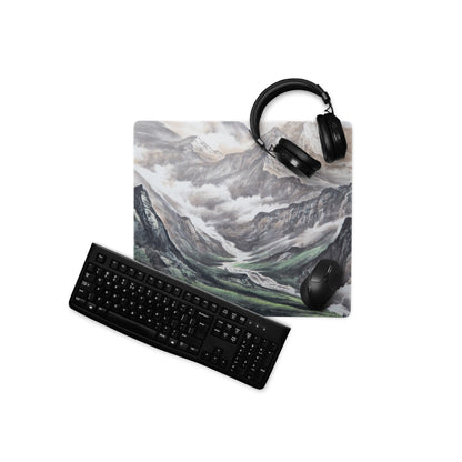 Mist Mountain Gaming Pad - Mountain Landscape Gray Green Desk Pad Watercolor Calm Mood Minimal Nordic Accessory Print