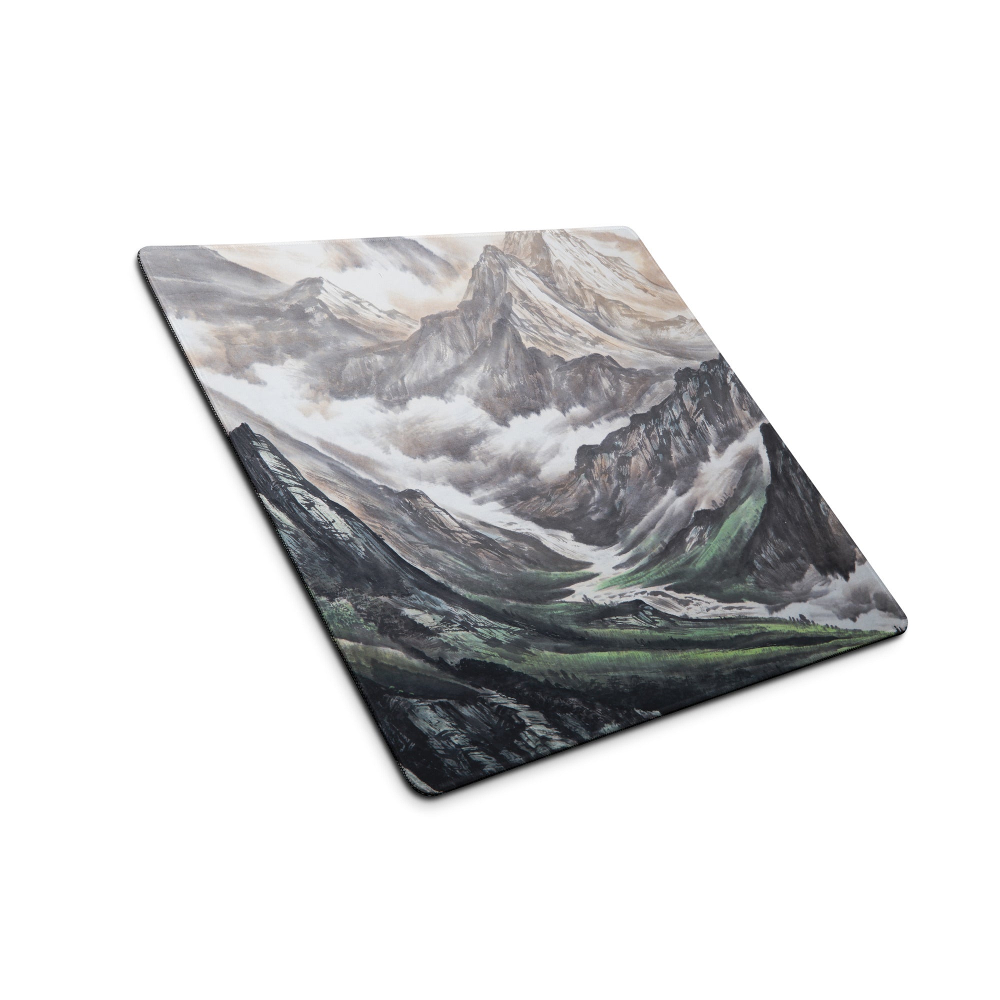 Mist Mountain Gaming Pad - Mountain Landscape Gray Green Desk Pad Watercolor Calm Mood Minimal Nordic Accessory Print