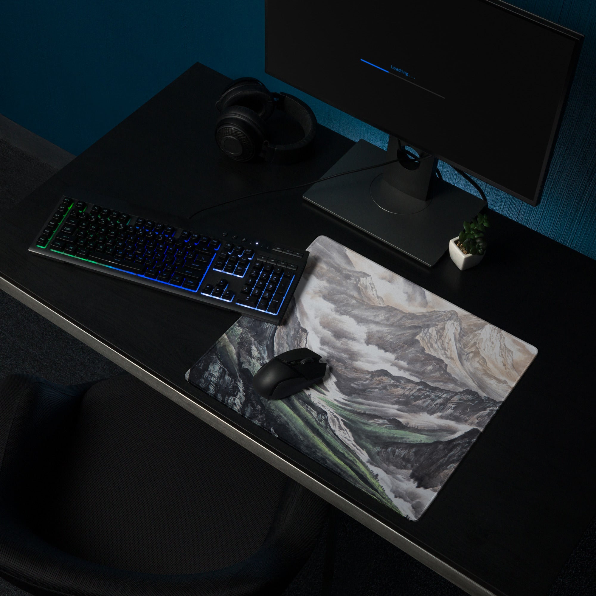 Mist Mountain Gaming Pad - Mountain Landscape Gray Green Desk Pad Watercolor Calm Mood Minimal Nordic Accessory Print