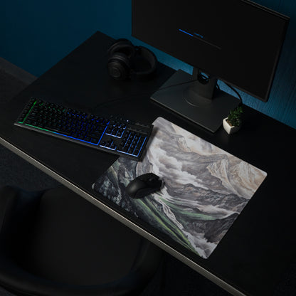 Mist Mountain Gaming Pad - Mountain Landscape Gray Green Desk Pad Watercolor Calm Mood Minimal Nordic Accessory Print