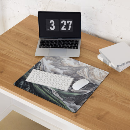 Mist Mountain Gaming Pad - Mountain Landscape Gray Green Desk Pad Watercolor Calm Mood Minimal Nordic Accessory Print