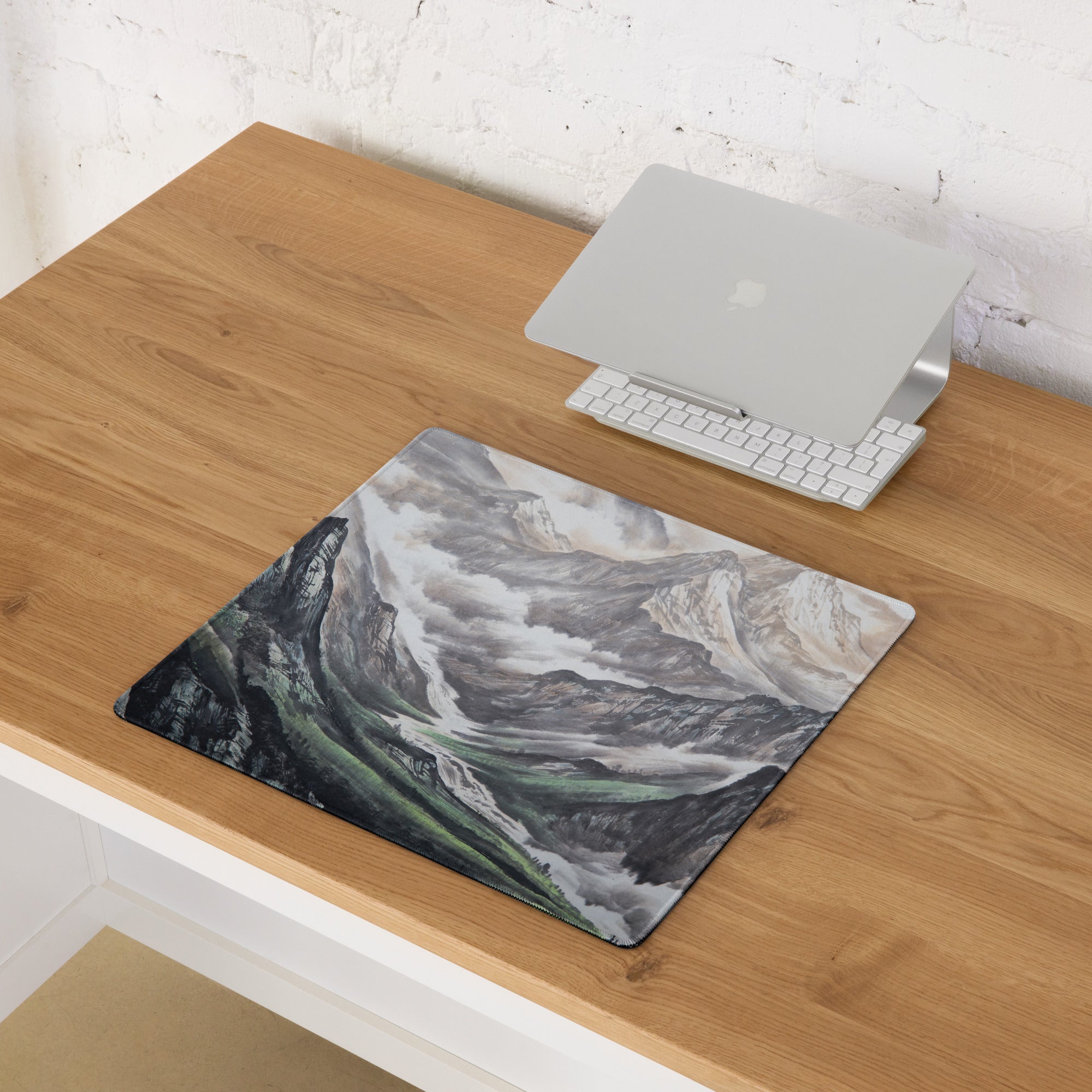 Mist Mountain Gaming Pad - Mountain Landscape Gray Green Desk Pad Watercolor Calm Mood Minimal Nordic Accessory Print