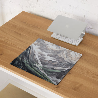 Mist Mountain Gaming Pad - Mountain Landscape Gray Green Desk Pad Watercolor Calm Mood Minimal Nordic Accessory Print
