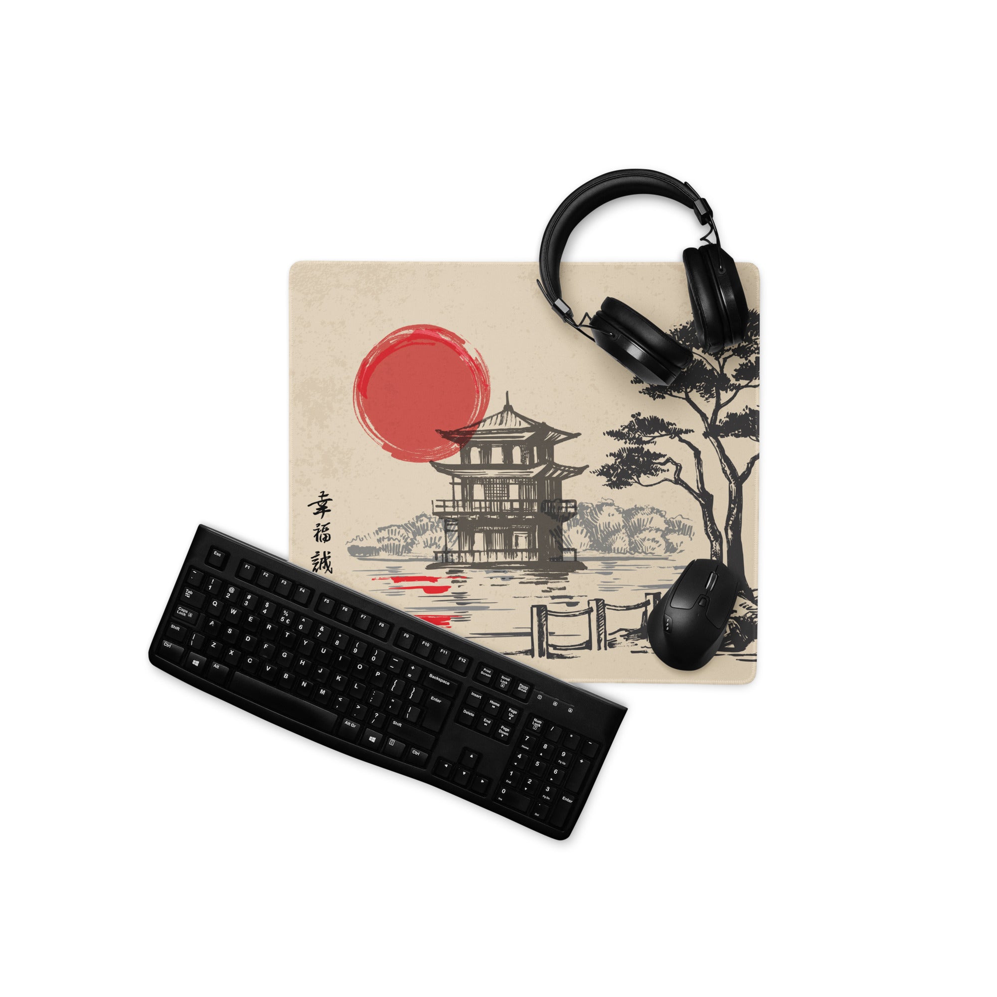 Zen Ukiyoe Style Mouse Pad - Mouse Pad Beige Black Red Sun Ukiyoe Gaming Desk Calm Mood Traditional Japanese Woodblock