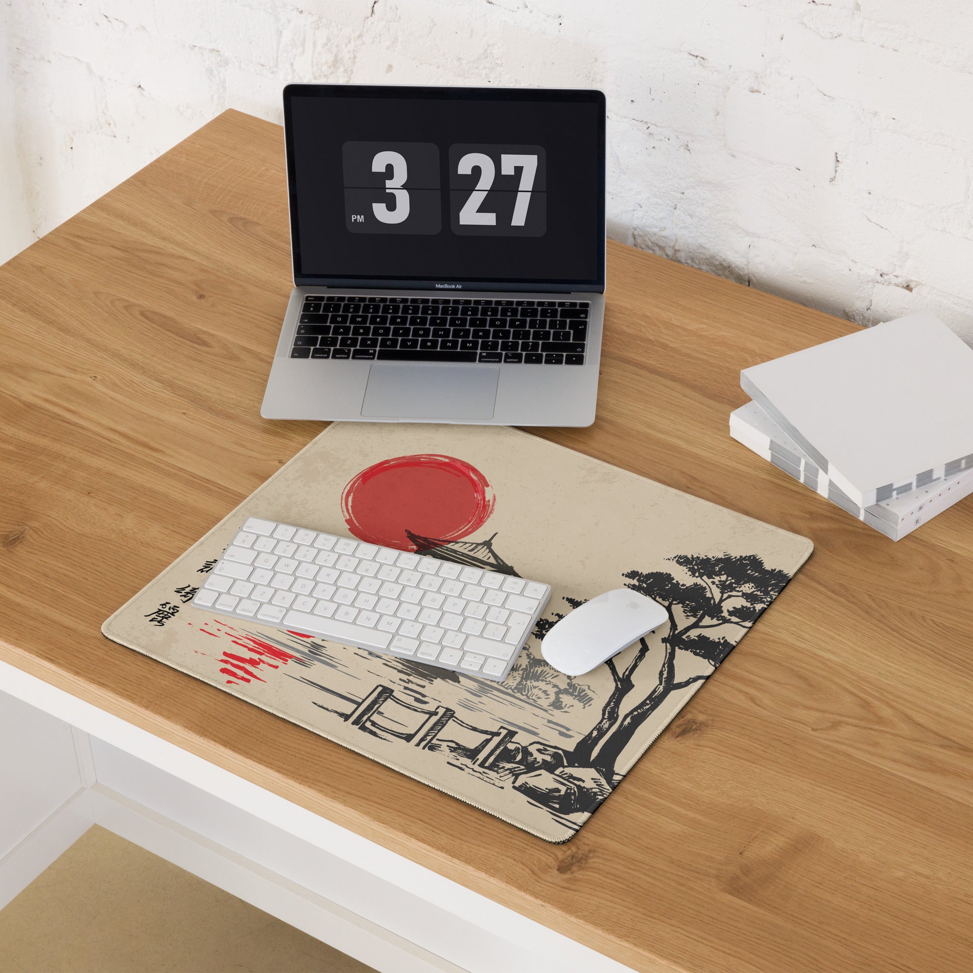 Zen Ukiyoe Style Mouse Pad - Mouse Pad Beige Black Red Sun Ukiyoe Gaming Desk Calm Mood Traditional Japanese Woodblock