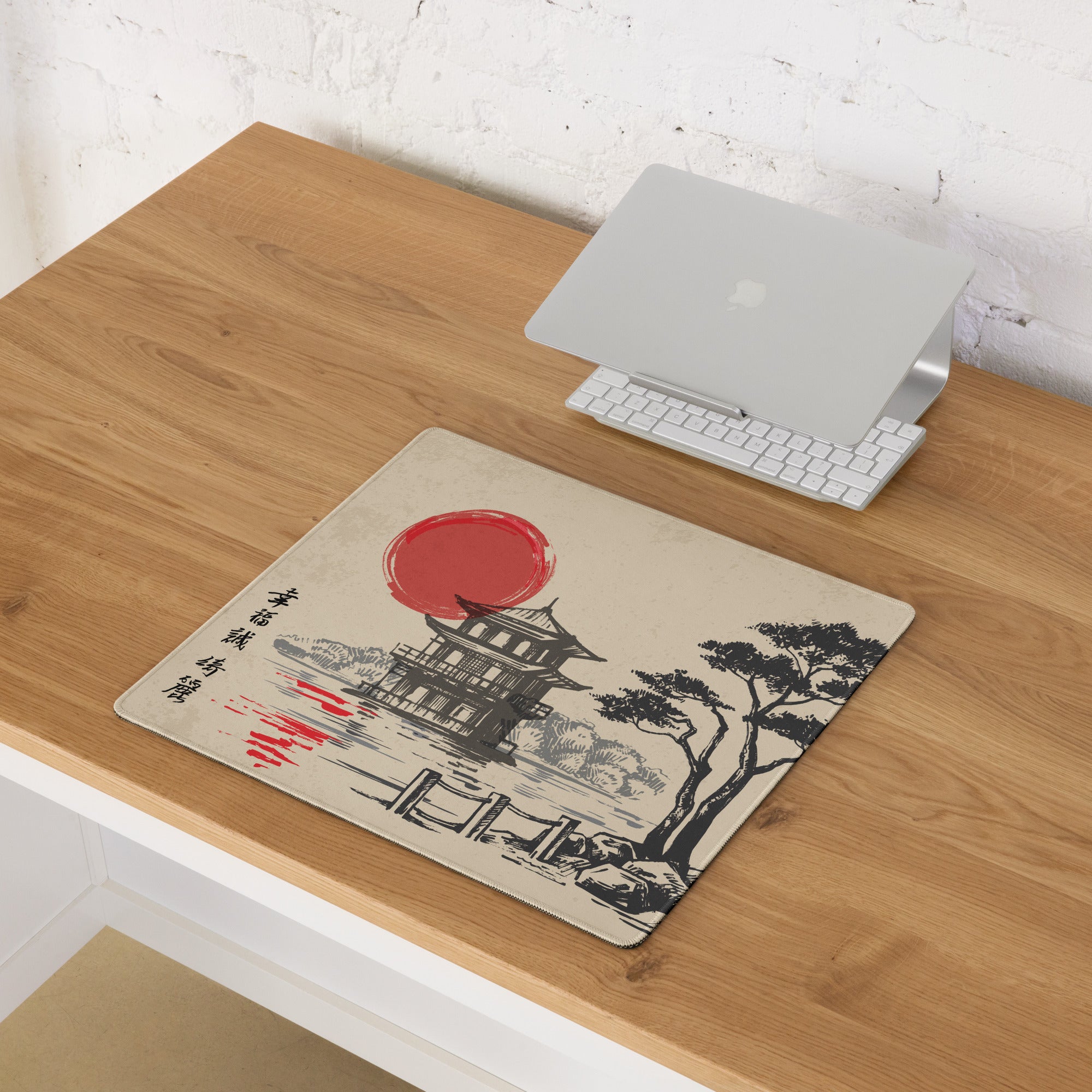 Zen Ukiyoe Style Mouse Pad - Mouse Pad Beige Black Red Sun Ukiyoe Gaming Desk Calm Mood Traditional Japanese Woodblock