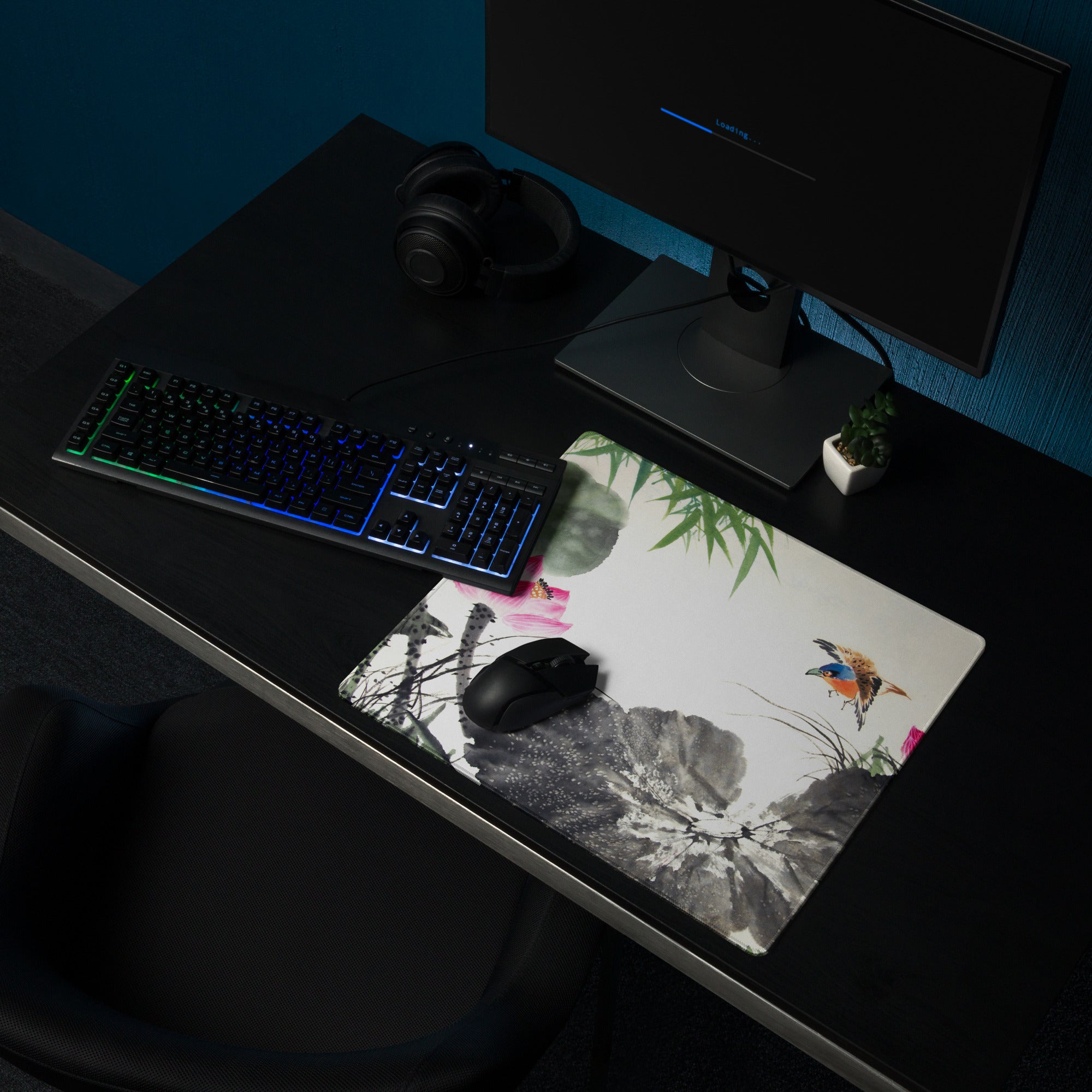 Floral Crane Watercolor Mouse Pad - Mouse Pad Floral Blue Pink Green Desk Watercolor Calm Zen Aesthetic Desktop Gaming