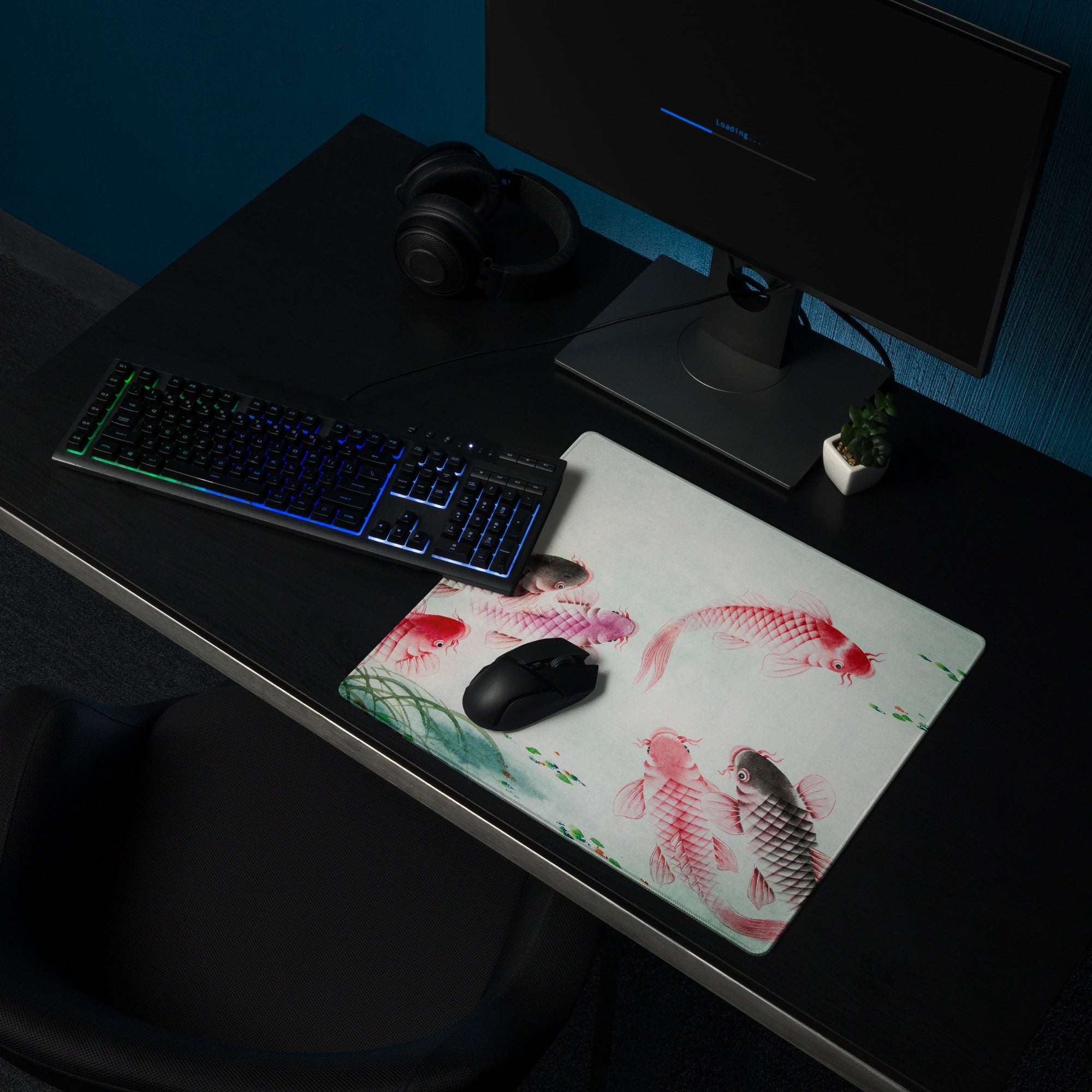 Koi Fish Large Gaming Mouse Pad - Koi Fish Pink Red Desk Pad Watercolor - Serene Mood Decor Koi Art