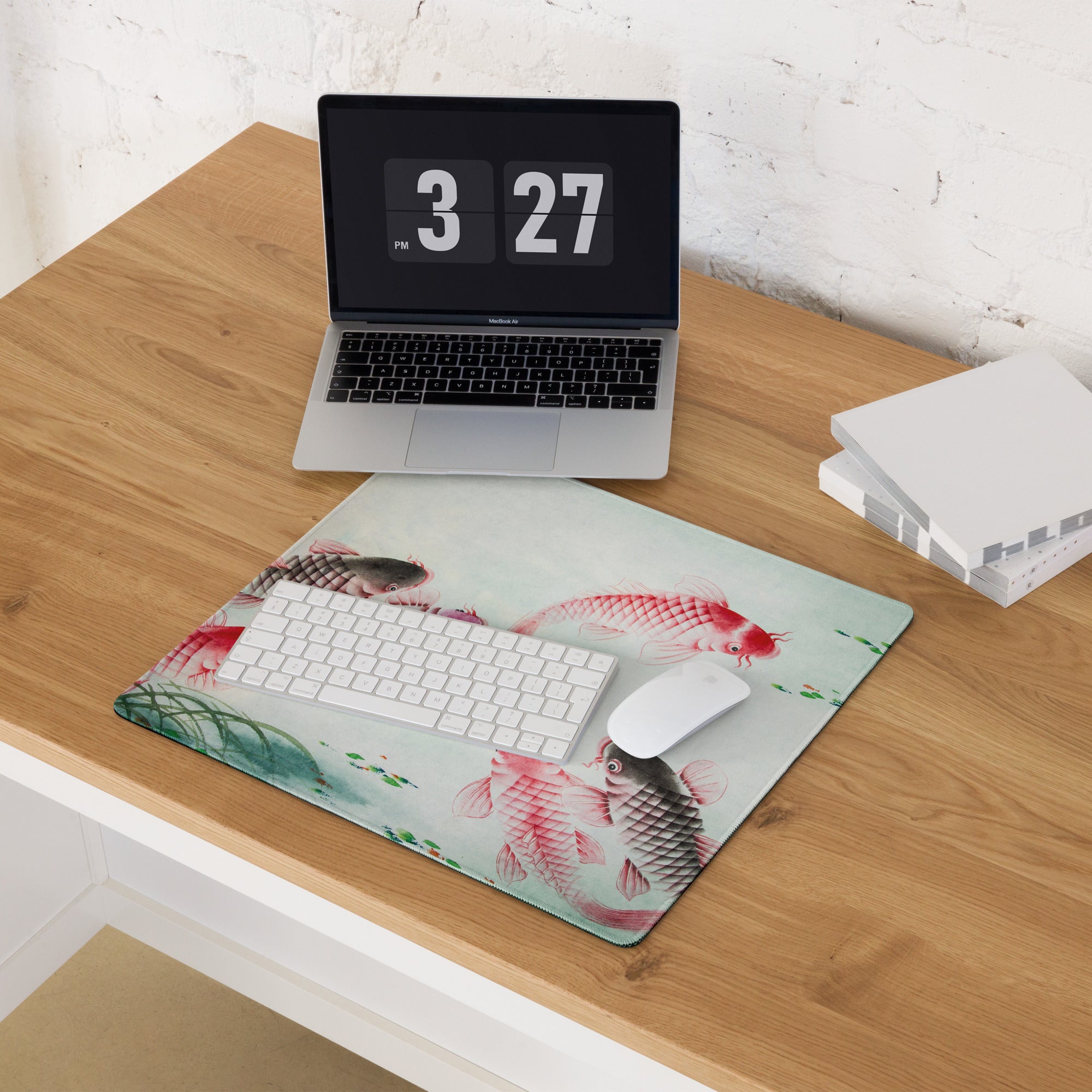 Koi Fish Large Gaming Mouse Pad - Koi Fish Pink Red Desk Pad Watercolor - Serene Mood Decor Koi Art
