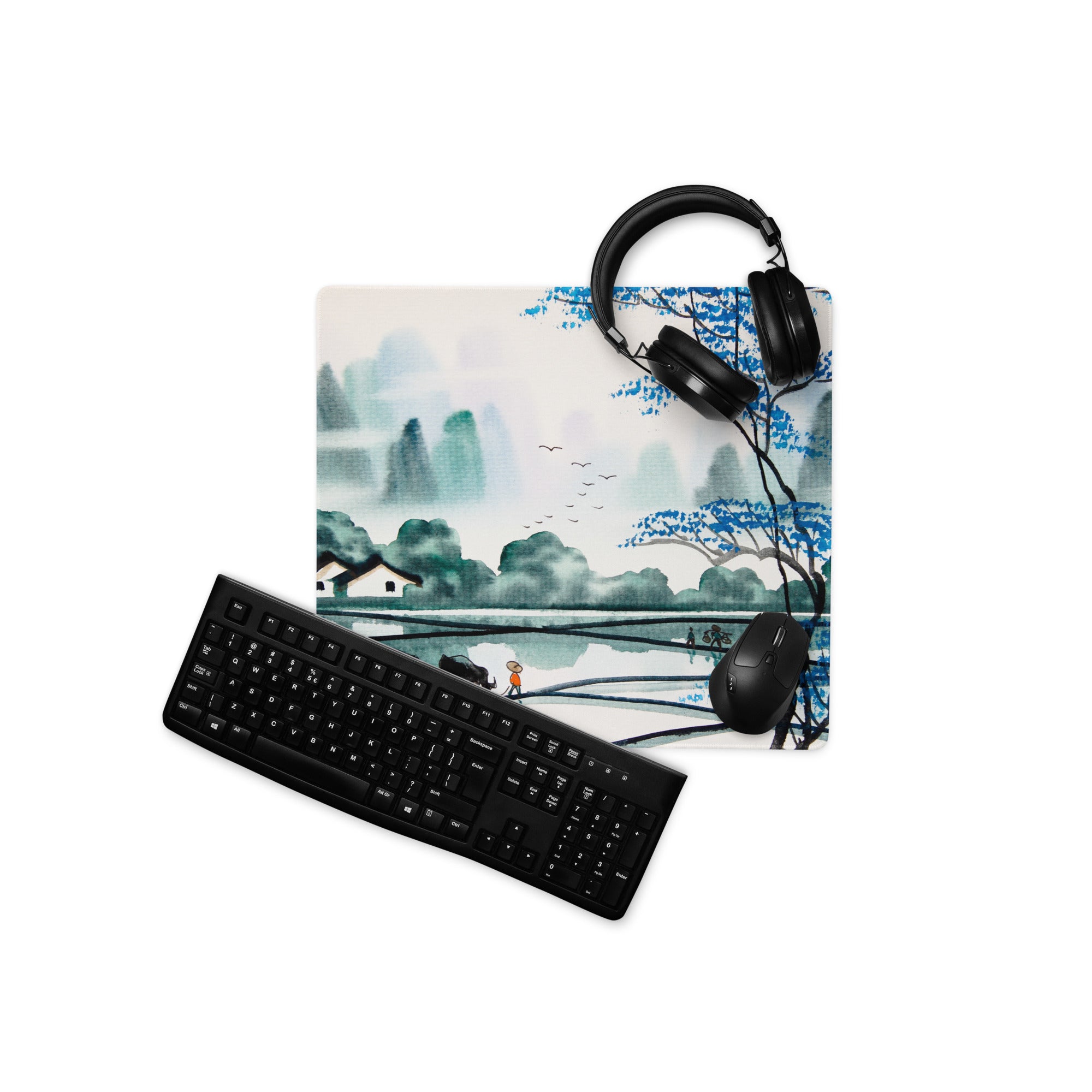 Watercolor Landscape Mouse Pad - Landscape Blue Teal Gaming Desk Oriental Calm Serene Mood Desk Mat Mouse Pad Watercolor