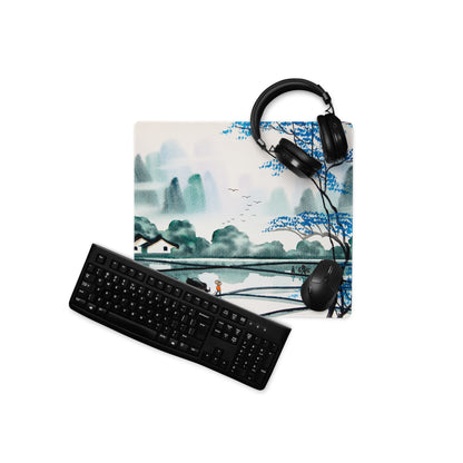 Watercolor Landscape Mouse Pad - Landscape Blue Teal Gaming Desk Oriental Calm Serene Mood Desk Mat Mouse Pad Watercolor